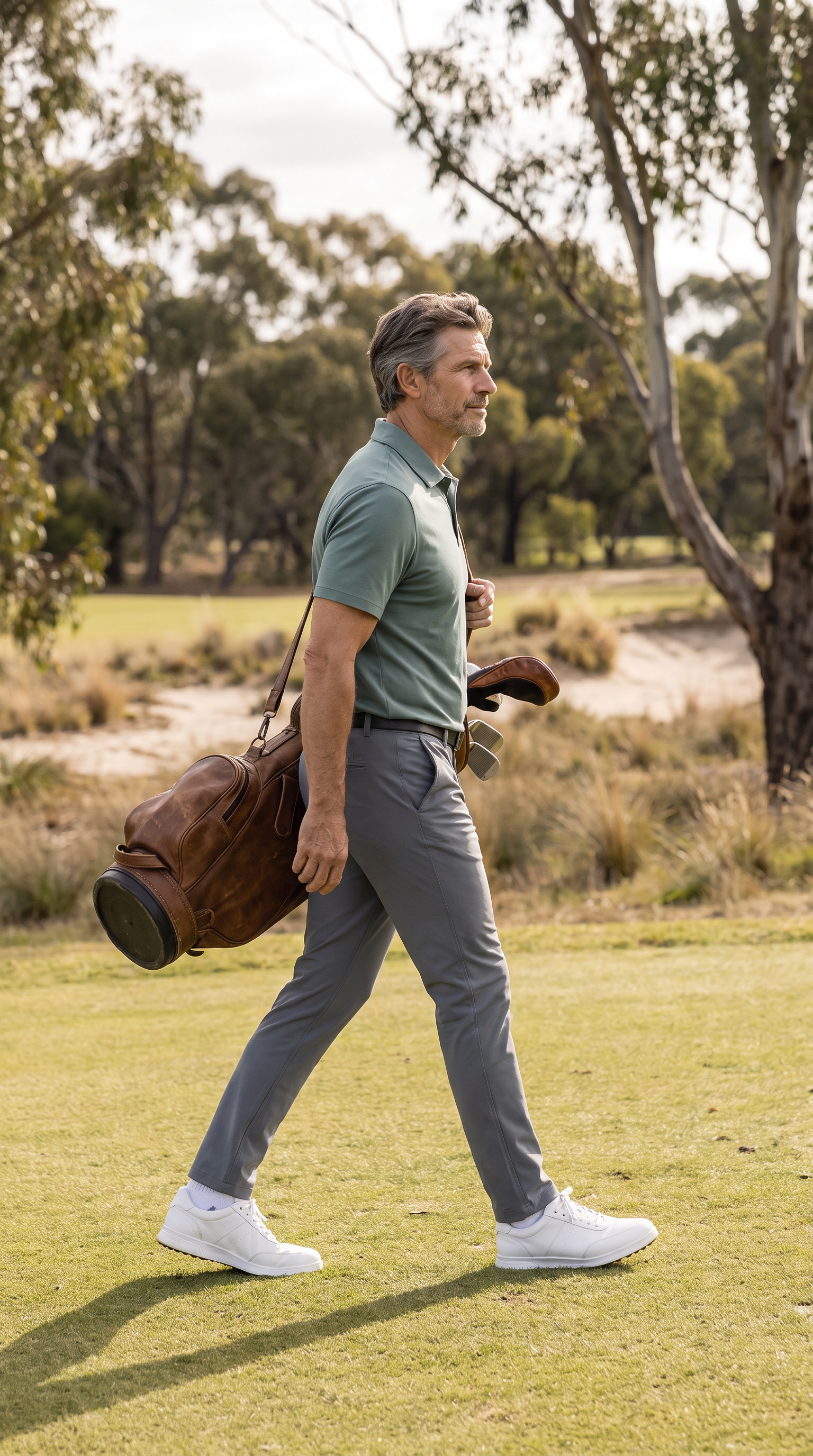 Golfer walking the fairway with a golf bag in MotionFlex performance pants