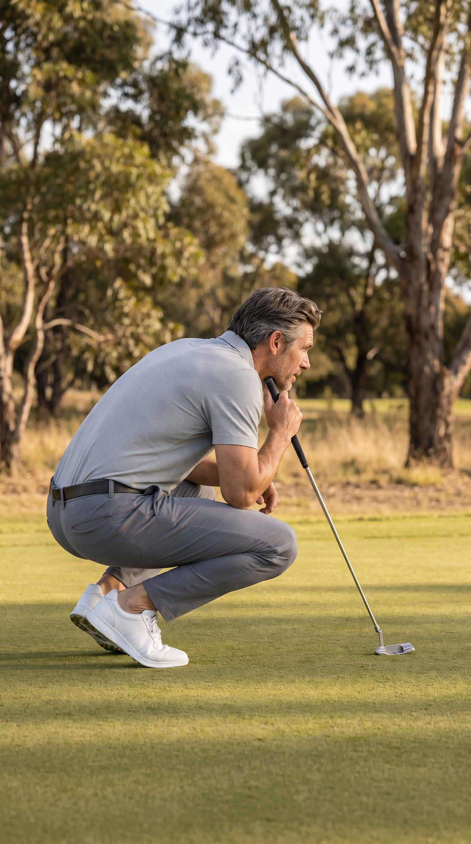 Golfer crouching on the green to read a putt in MotionFlex performance pants